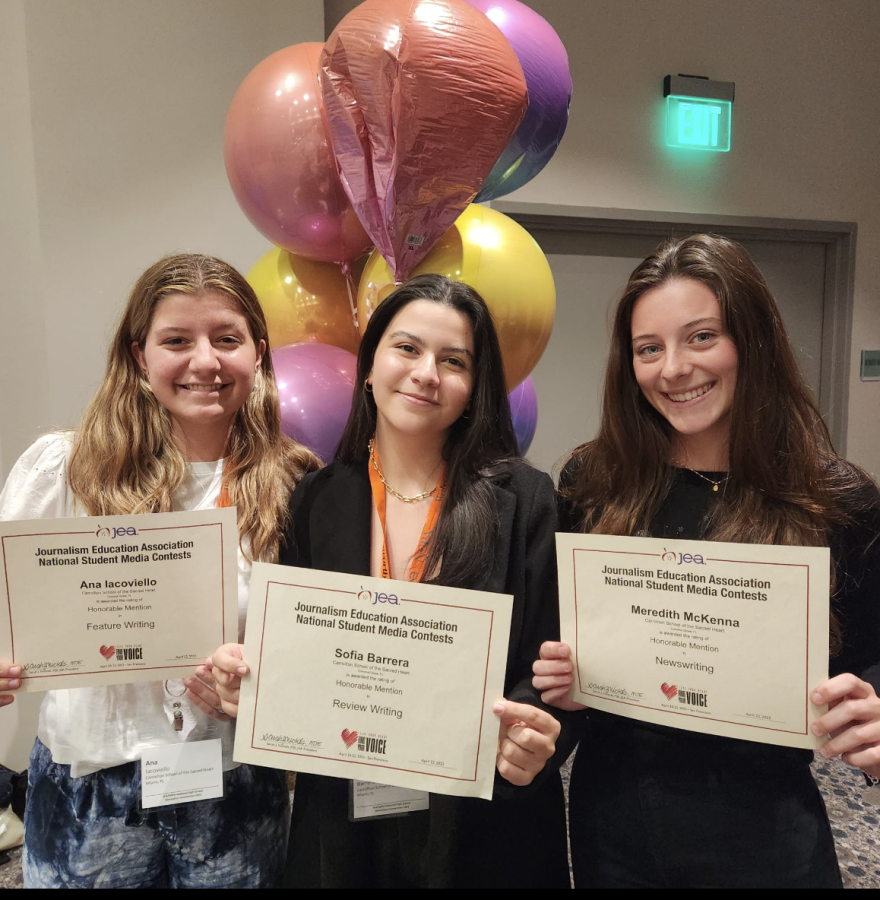 Ana Iacoviello 25, Sofia Barrera 25, and Meredith McKenna 25 celebrate their Honorable Mention Awards in the National Student Media Contest. 