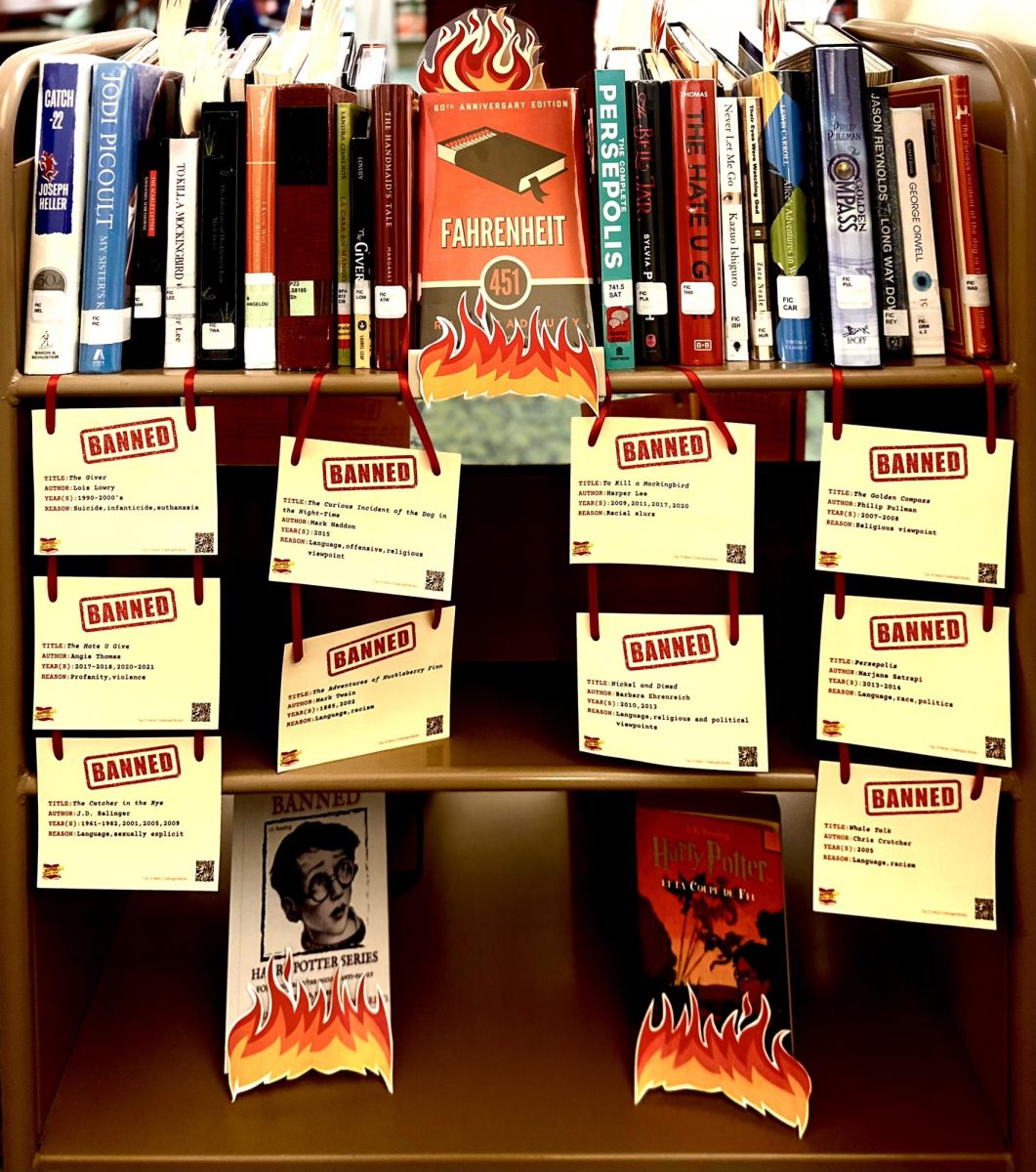 Carrolltons+Upper+School+Library+displays+books+that+have+been+banned+during+banned+books+week.