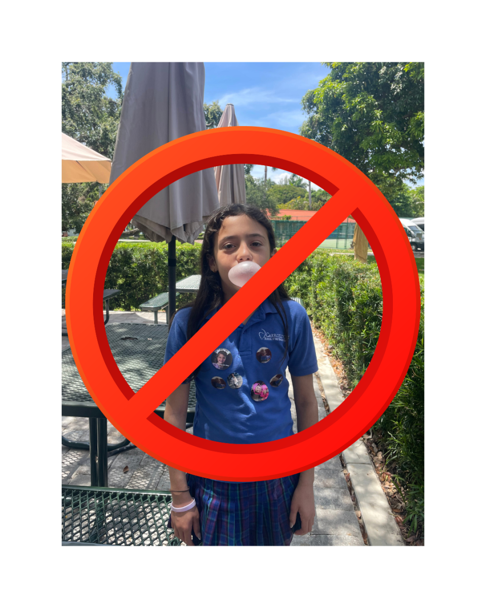 Note: Gum was chewed for purposes of the photo only. Mrs. Palacios made Mila Orjuela '31 spit out her gum in the trash. 